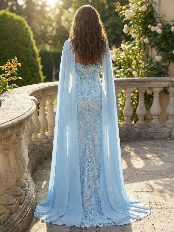 Sheath Strapless 3D Floral Beaded Evening Dresses Chiffon Cape Maxi Sequin Fairy Gowns with Slit