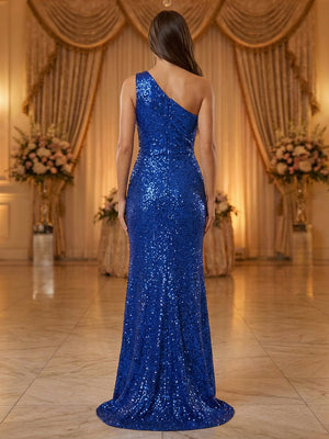 One Shoulder Sequin Evening Dresses Pleated Maxi Gowns