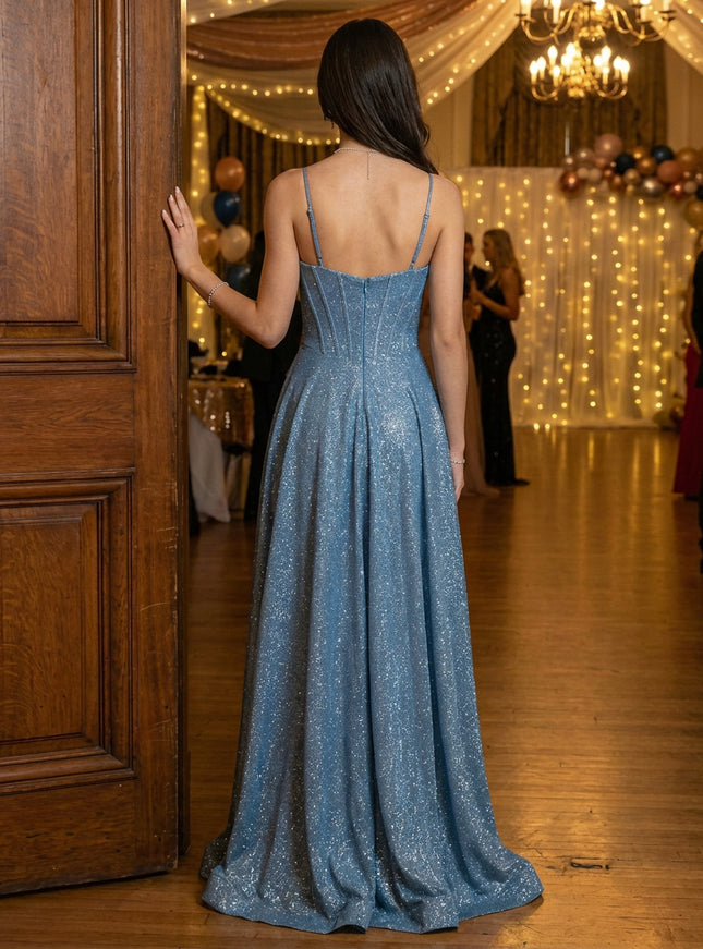 Spaghetti Straps Glitter Prom Dresses Pleated Maxi Formal Gowns