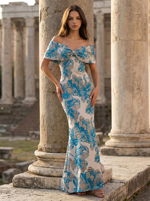 Off Shoulder Jacquard Formal Dresses Maxi Party Gowns with Bow
