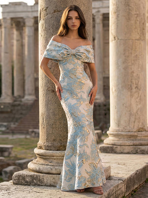 Off Shoulder Jacquard Formal Dresses Maxi Party Gowns with Bow