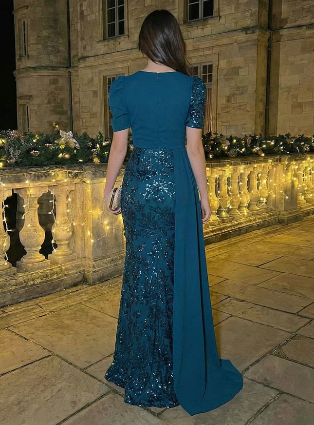 Short Sleeves Sequin Prom Dresses Maxi Evening Gowns