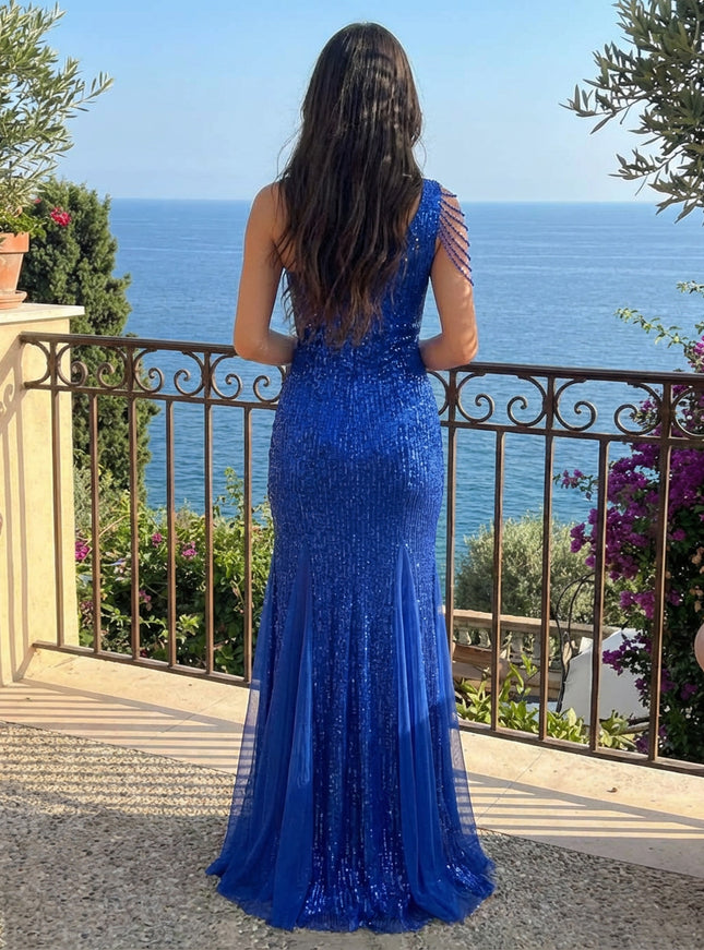 One Shoulder Sequin Prom Dresses Maxi Evening Gowns