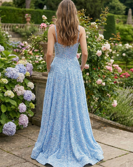 Spaghetti Straps Sequin Prom Dresses Maxi Evening Gowns