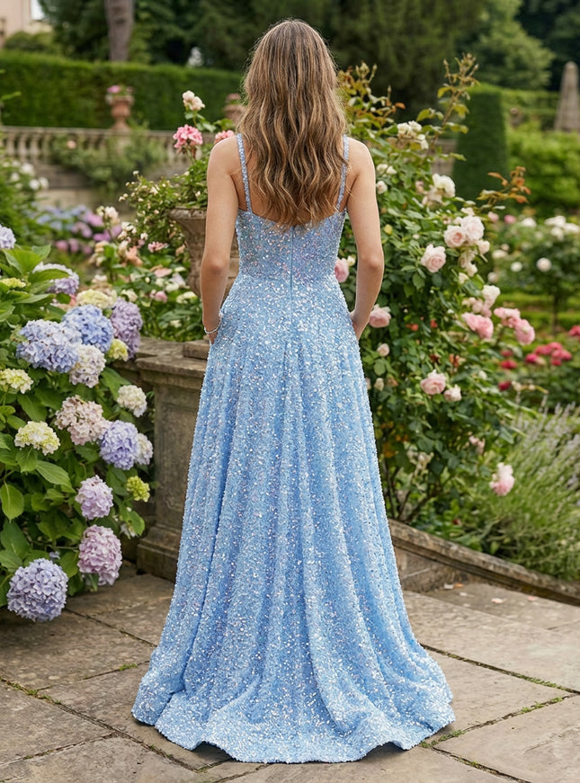 Spaghetti Straps Sequin Prom Dresses Maxi Evening Gowns