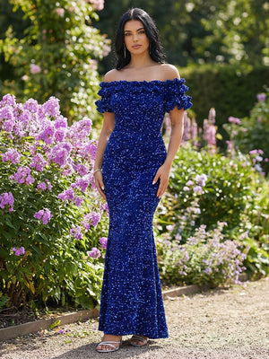 Off Shoulder Sequin Prom Dresses Maxi Evening Gowns