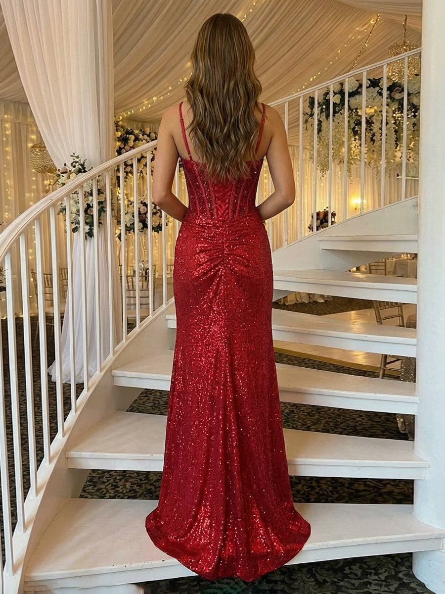 Spaghetti Straps Rhinestones Prom Dresses Maxi Evening Gowns