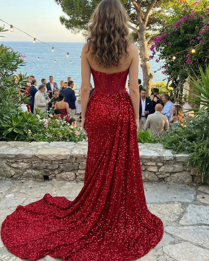 Strapless Sequin Pleated Prom Dresses Maxi Evening Gowns