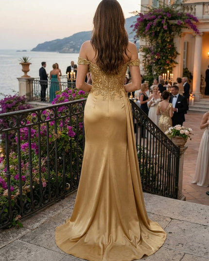 Off Shoulder Satin Prom Dresses Pleated Maxi Evening Gowns