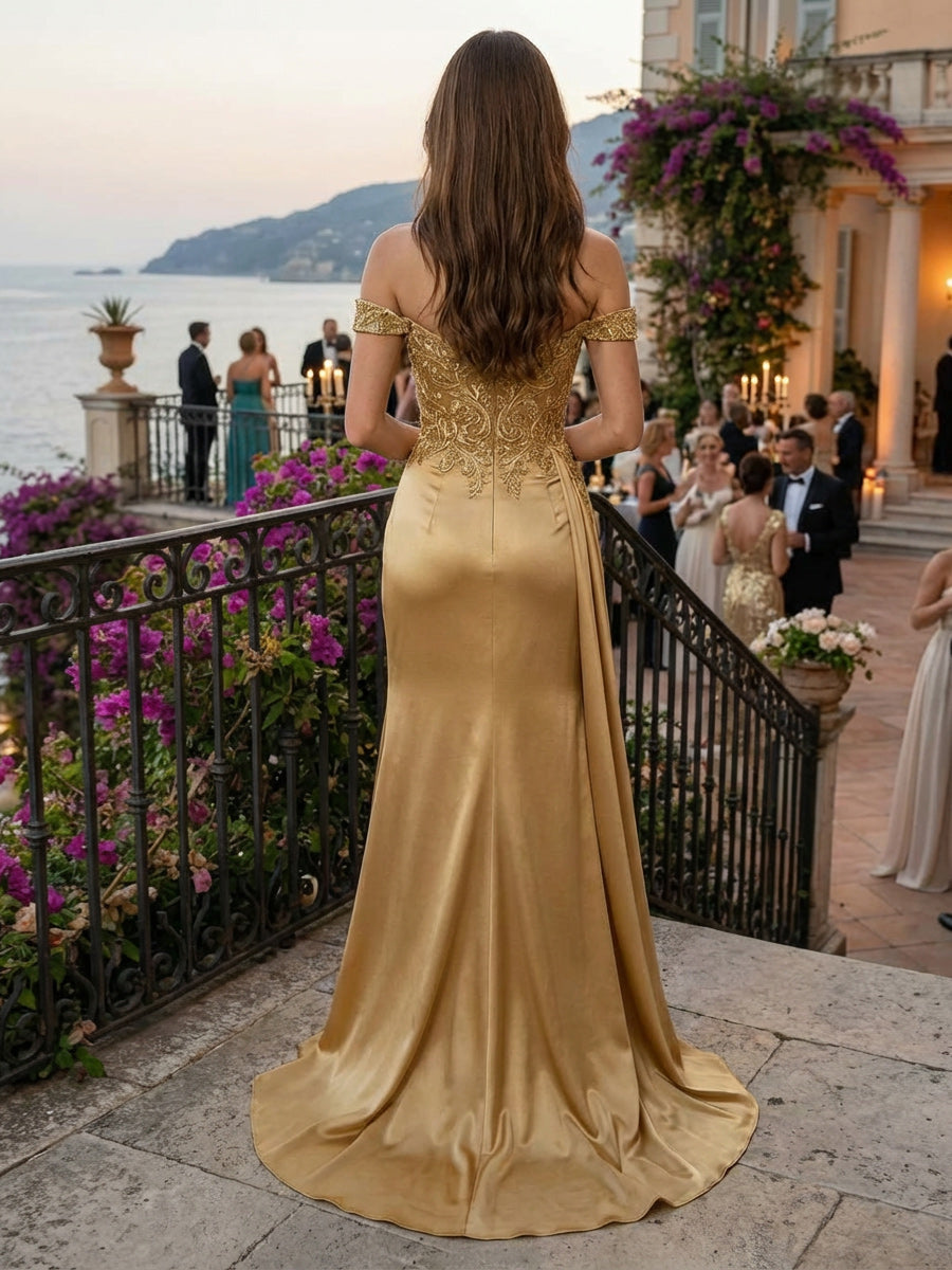 Off Shoulder Satin Prom Dresses Pleated Maxi Evening Gowns