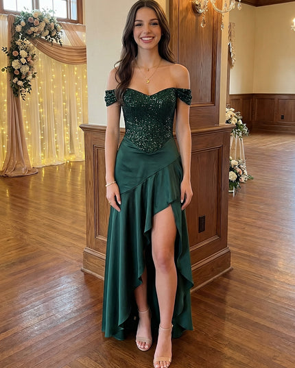 Off Shoulder Satin Prom Dresses Pleated Maxi Evening Gowns