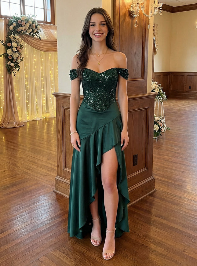 Off Shoulder Satin Prom Dresses Pleated Maxi Evening Gowns