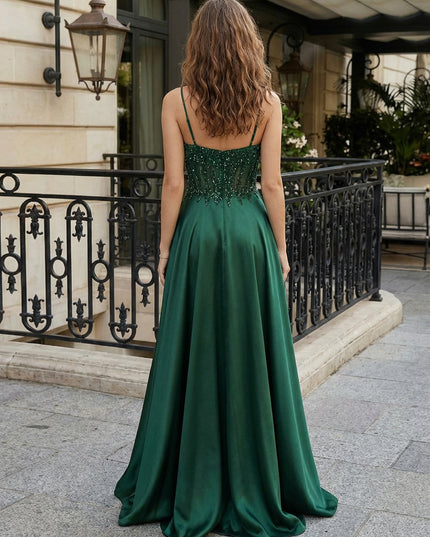 Spaghetti Straps Satin Prom Dresses Pleated Maxi Evening Gowns