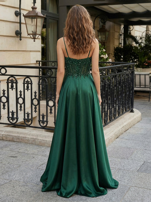 Spaghetti Straps Satin Prom Dresses Pleated Maxi Evening Gowns