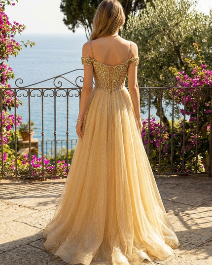 Spaghetti Straps Glitter Prom Dresses A Line Maxi Evening Gowns