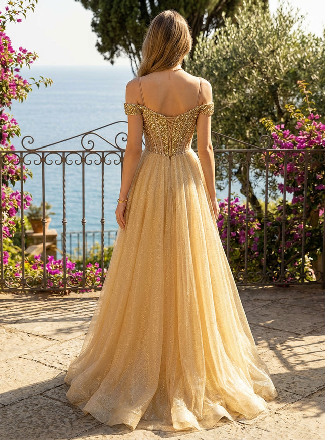 Spaghetti Straps Glitter Prom Dresses A Line Maxi Evening Gowns