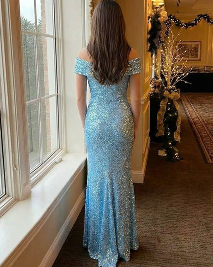 Off Shoulder Sequin Prom Dresses Pleated Maxi Evening Gowns