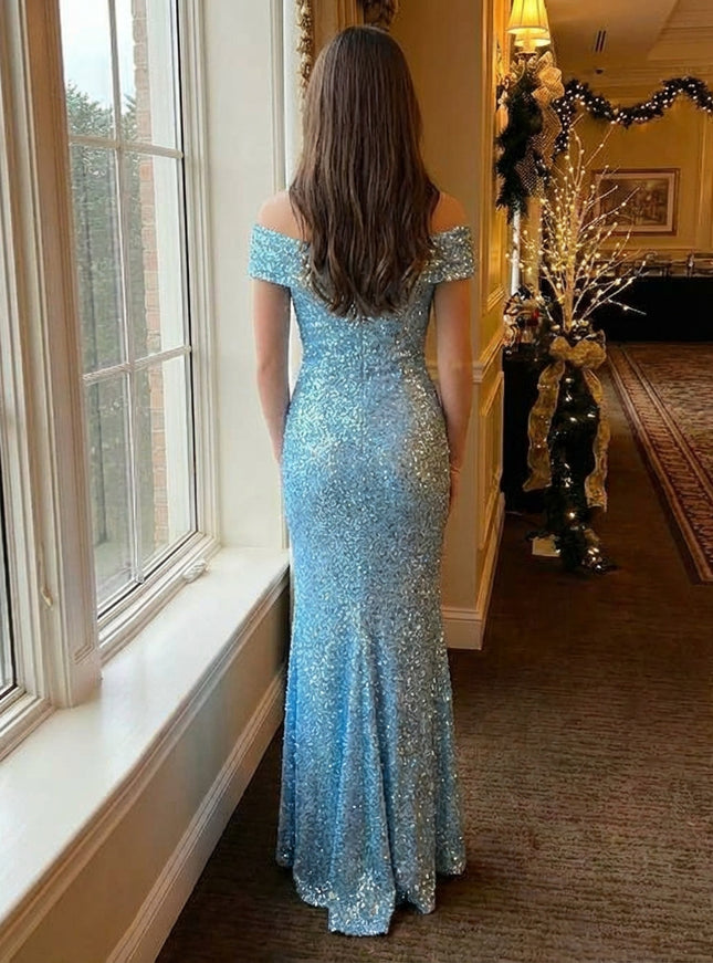 Off Shoulder Sequin Prom Dresses Pleated Maxi Evening Gowns