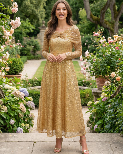 Cape Sleeves Sequin Prom Dresses Pleated Evening Dresses