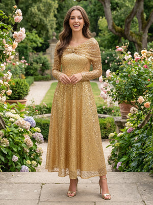 Cape Sleeves Sequin Prom Dresses Pleated Evening Dresses