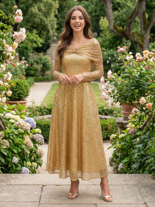 Cape Sleeves Sequin Prom Dresses Pleated Evening Dresses