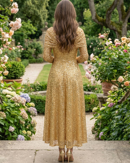 Cape Sleeves Sequin Prom Dresses Pleated Evening Dresses