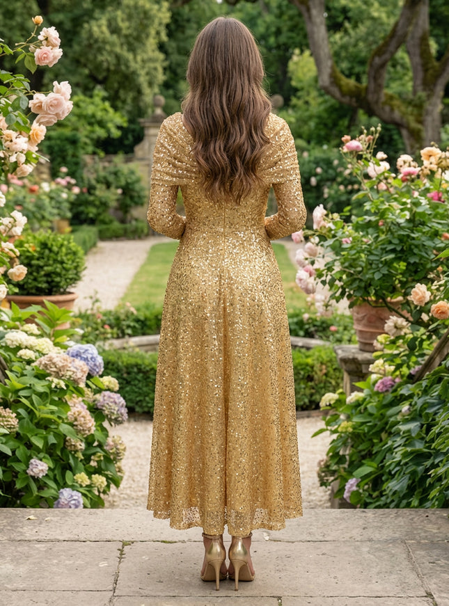 Cape Sleeves Sequin Prom Dresses Pleated Evening Dresses