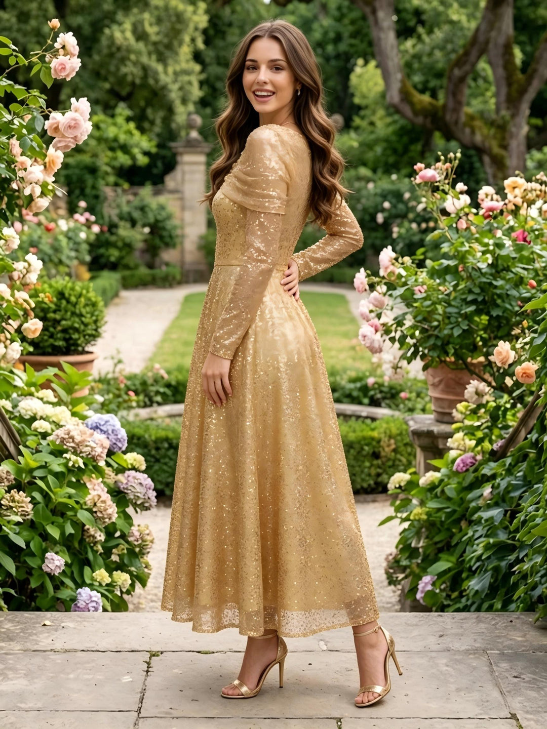 Cape Sleeves Sequin Formal Dresses Pleated Evening Dresses