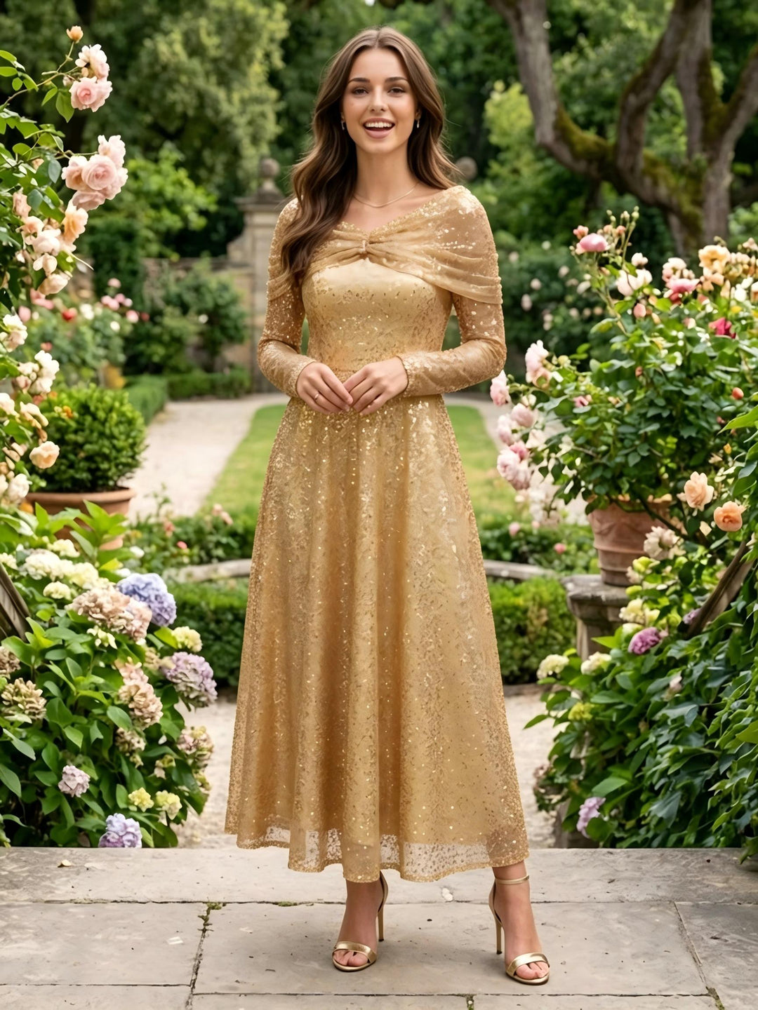 Cape Sleeves Sequin Formal Dresses Pleated Evening Dresses