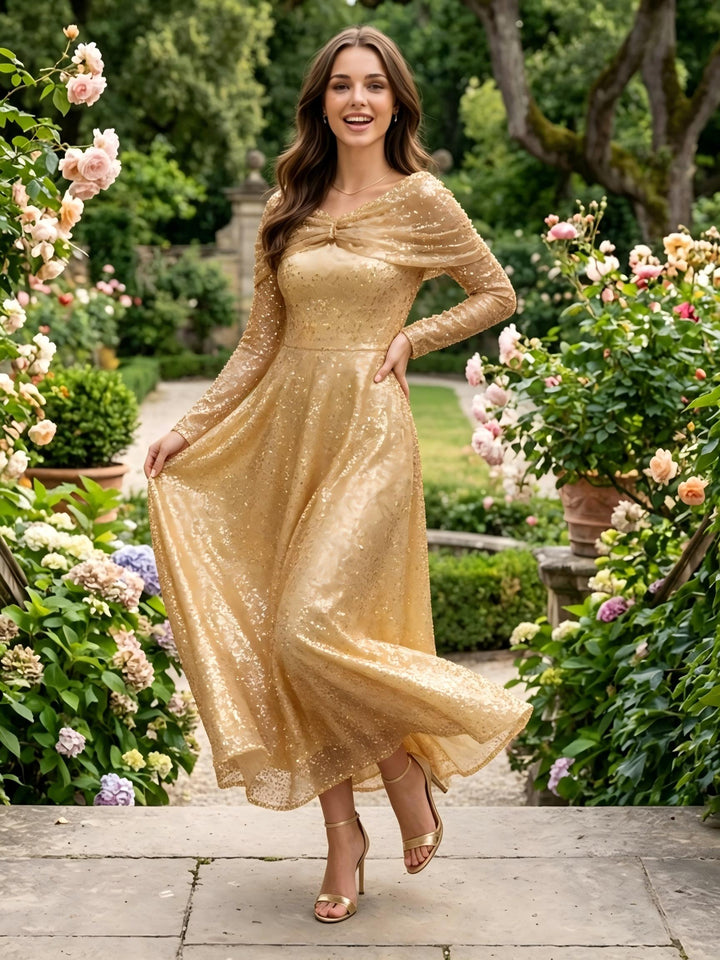 Cape Sleeves Sequin Formal Dresses Pleated Evening Dresses