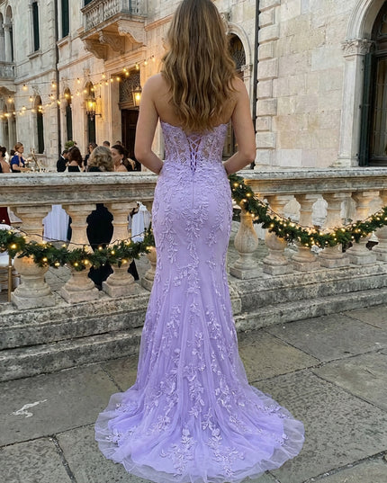 Strapless Lace Appliques Prom Dresses Maxi Evening Gowns