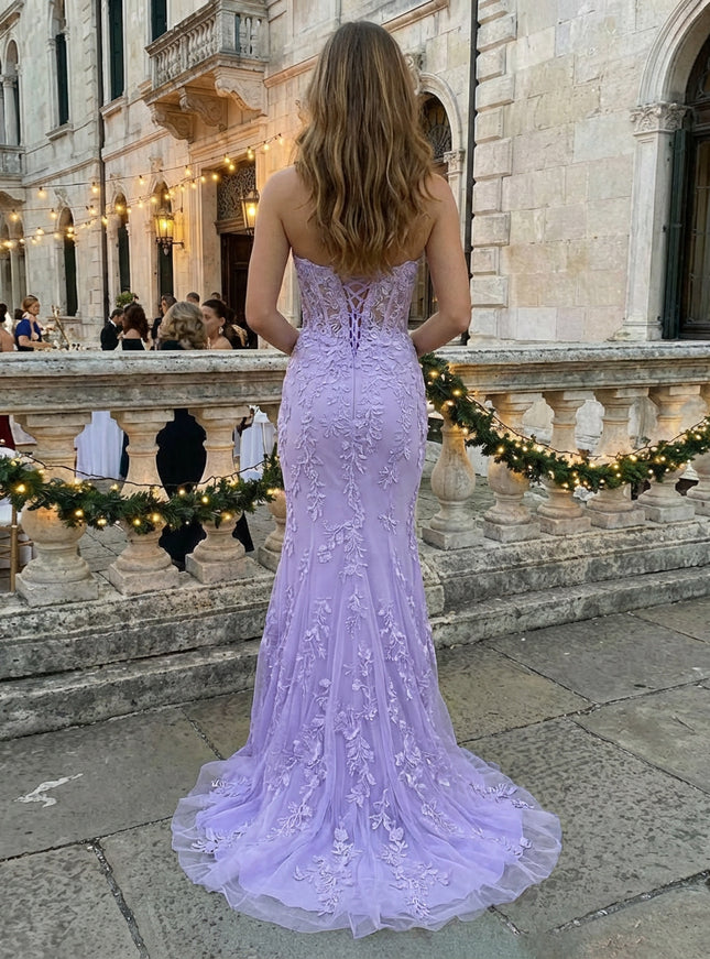 Strapless Lace Appliques Prom Dresses Maxi Evening Gowns