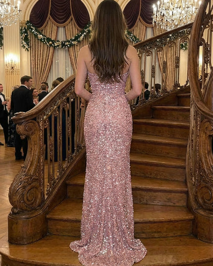 Strapless Sequin Prom Dresses Maxi Evening Gowns with Slit