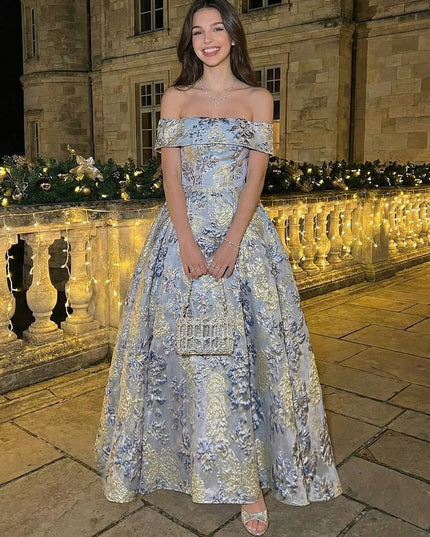 Off Shoulder Jacquard Prom Dresses A Line Evening Gowns