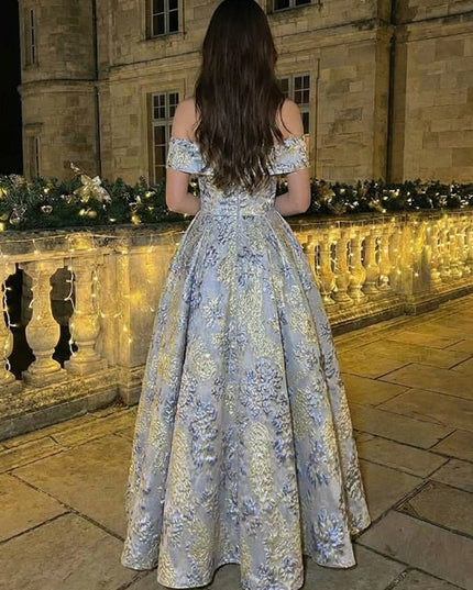 Off Shoulder Jacquard Prom Dresses A Line Evening Gowns