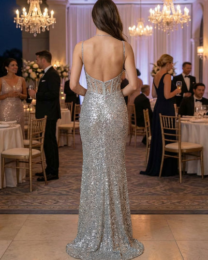 Spaghetti Straps Sequin Prom Dresses Mermaid Evening Gowns