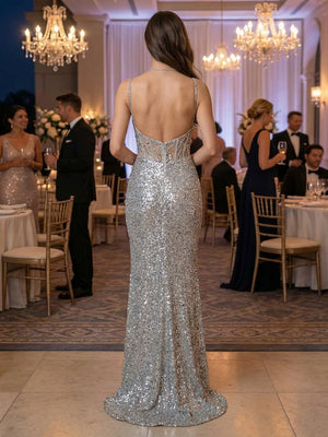 Spaghetti Straps Sequin Prom Dresses Mermaid Evening Gowns