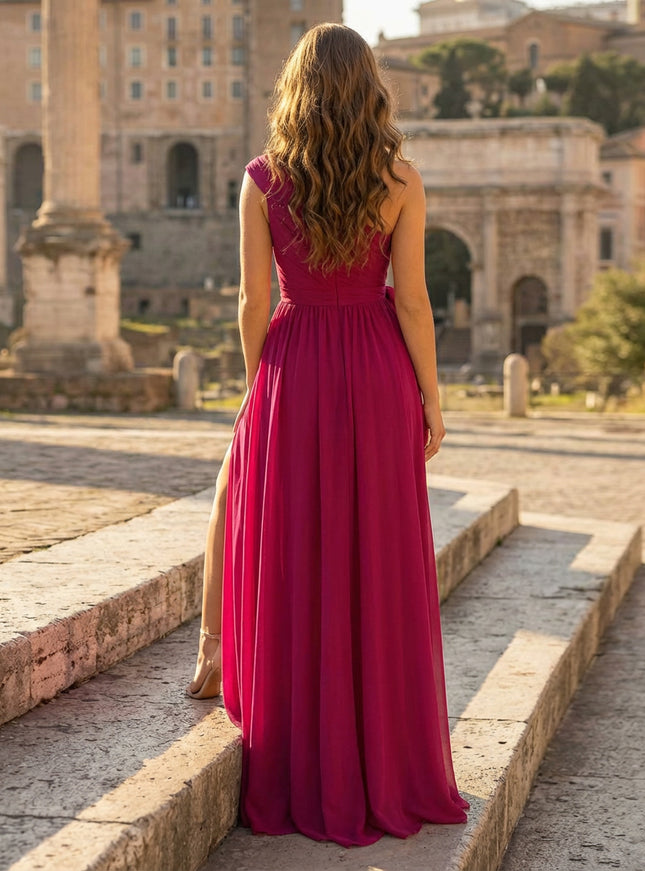 One Shoulder Chiffon Prom Dresses Evening Gowns with Bow