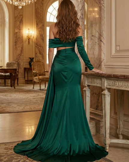 Off Shoulder Satin Cut Out Prom Dresses with Slit