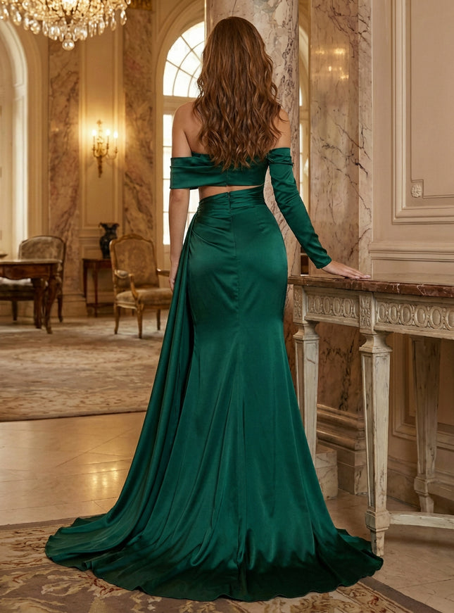 Off Shoulder Satin Cut Out Prom Dresses with Slit