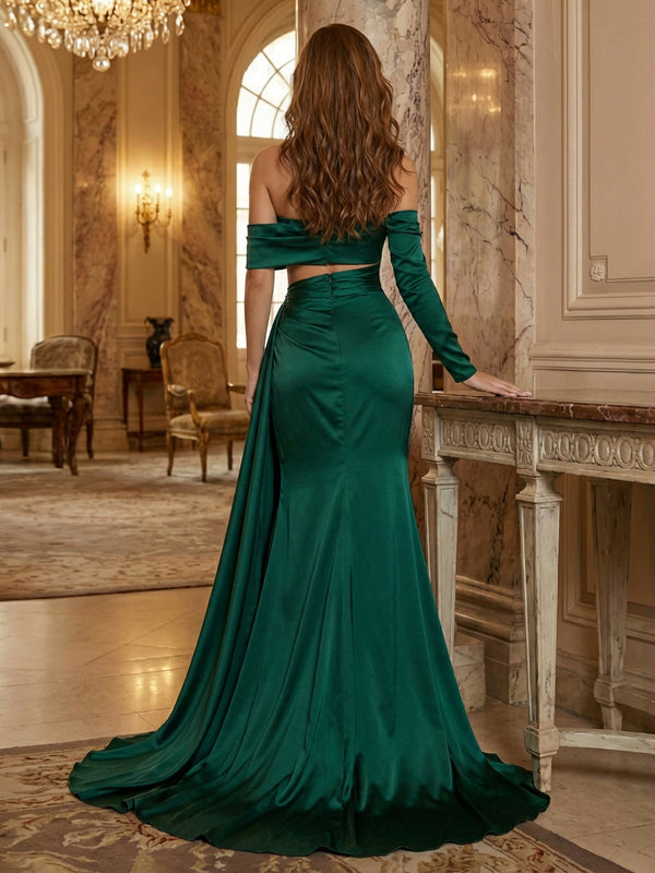 Off Shoulder Satin Cut Out Prom Dresses with Slit