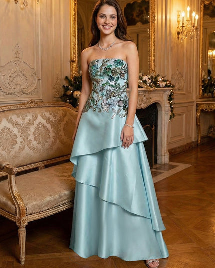 Strapless Satin Layered Prom Dresses with Floral Embroidery