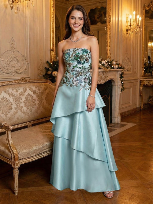 Strapless Satin Layered Prom Dresses with Floral Embroidery