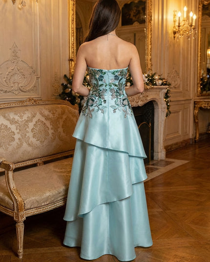Strapless Satin Layered Prom Dresses with Floral Embroidery