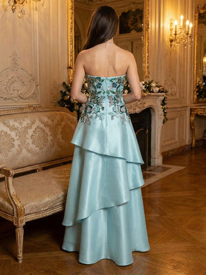 Strapless Satin Layered Prom Dresses with Floral Embroidery