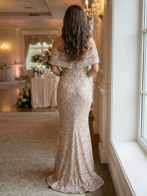 Off the Shoulder Sequin Evening Dresses Maxi Gowns