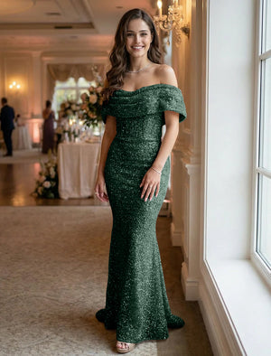 Off the Shoulder Sequin Evening Dresses Maxi Gowns