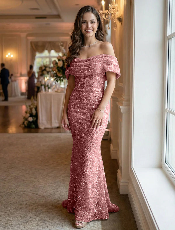 Off the Shoulder Sequin Evening Dresses Maxi Gowns
