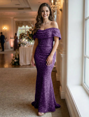 Off the Shoulder Sequin Evening Dresses Maxi Gowns