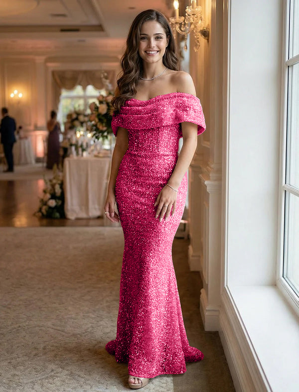 Off the Shoulder Sequin Evening Dresses Maxi Gowns